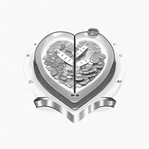 A weight scale with an anatomic heart on one side and a pile of money on the other side tattoo design idea