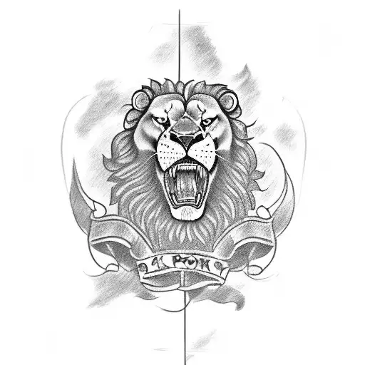 A roaring lion wearing a British poppy flowers navy sail ship tattoo design idea