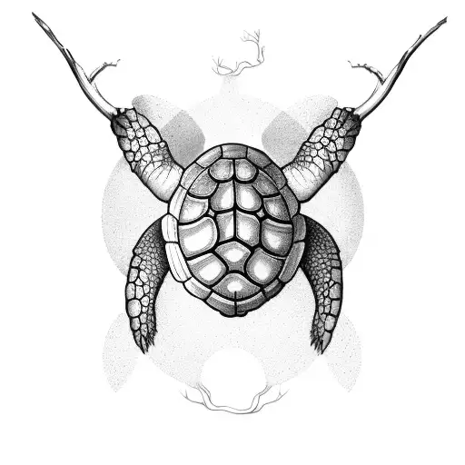 left side of ribs of turtle with tree on back and legs made up of roots going to hips tattoo design idea