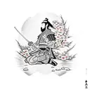 Samurai kneeling at a cherry blossom tattoo design idea