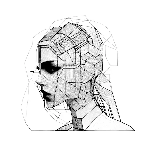 A wireframe woman head in a profile pose, with a mysterious and minimal cyberpunk theme. tattoo design idea