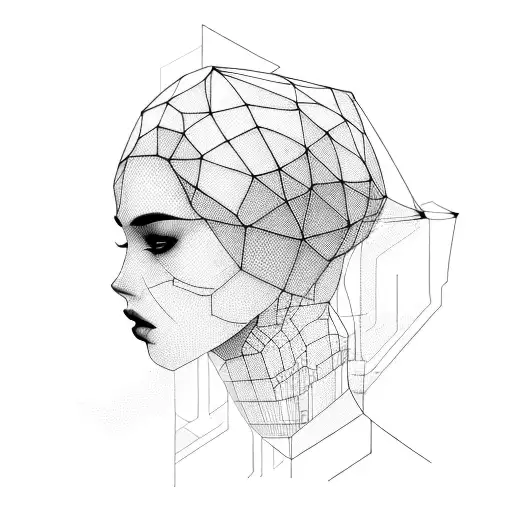 A wireframe woman head in a profile pose, with a mysterious and minimal cyberpunk theme. tattoo design idea