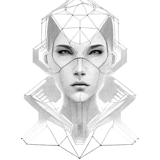 A wireframe woman head in a profile pose, with a mysterious and minimal cyberpunk theme. tattoo design idea