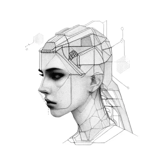 A wireframe woman head in a profile pose, with a mysterious and minimal cyberpunk theme. tattoo design idea