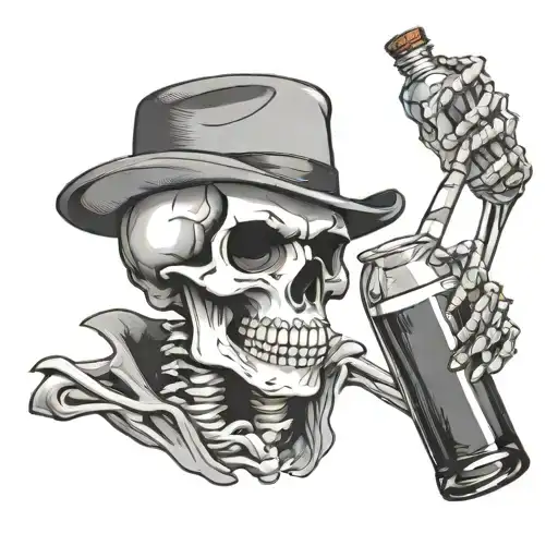 crying skeleton skull with alcohol bottle tattoo design idea