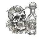 crying skeleton skull with alcohol bottle tattoo design idea