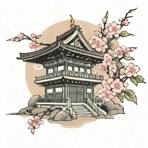 Japanese temple with cherry blossoms tattoo design idea