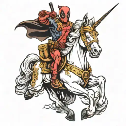 Deadpool riding unicorn tattoo design idea
