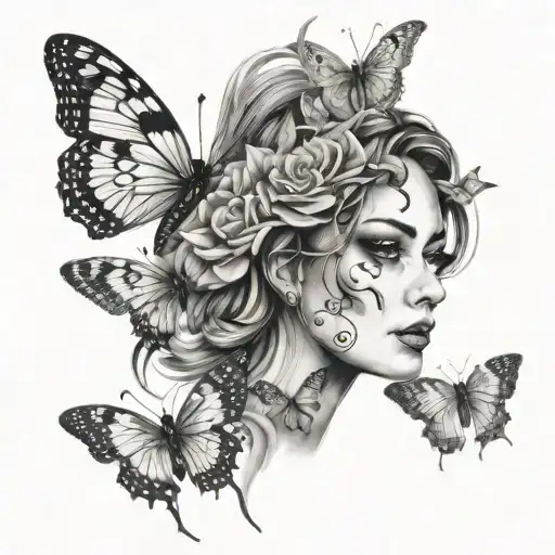 butterflies and woman's eyes tattoo design idea
