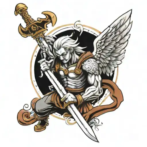 good fighting evil angel holding a sword tattoo design idea