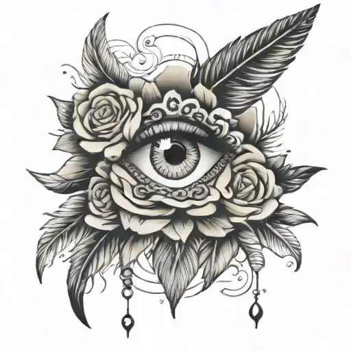 Old school tattoo on the knee, eye, flowers, mandala with feathers roses tattoo design idea