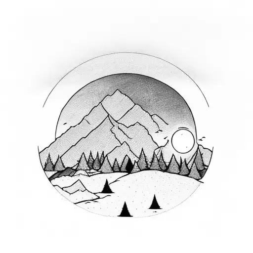 A serene mountain landscape with a sun rising behind it, reflecting your love for the outdoors and the beauty of creation tattoo design idea
