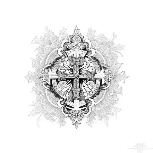 A cross tattoo surrounded by intricate floral patterns symbolizing growth and renewal in faith tattoo design idea