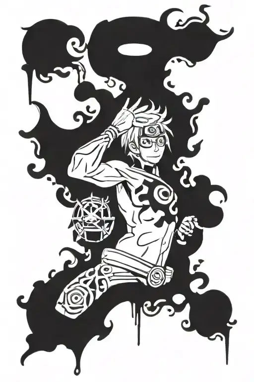 shoulder and arm tattoo with anime symbols from fire force one piece and black clover tattoo design idea