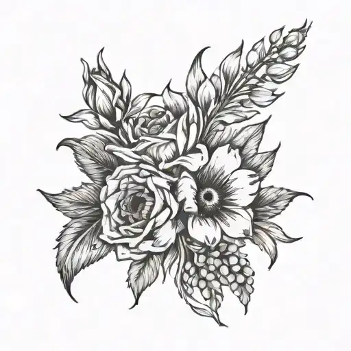 A bouquet of roses, tulips, sunflowers, and gladiolus intertwined with vines and leaves tattoo design idea