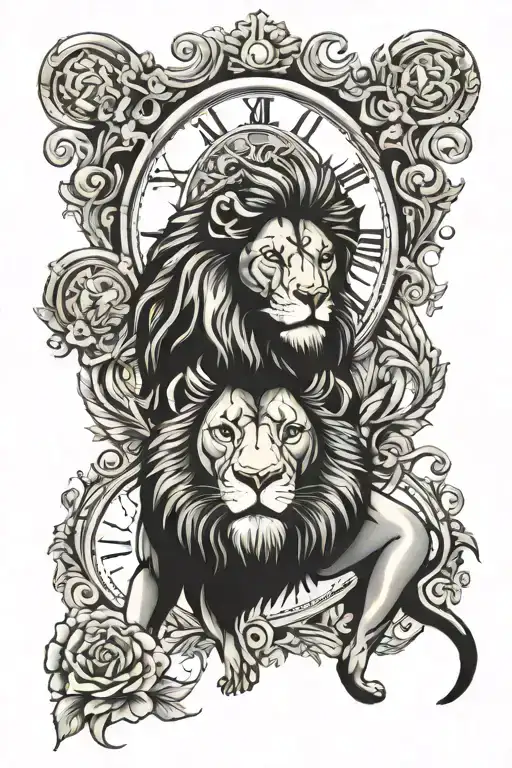  lion and clock surrounded tattoo design idea