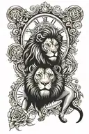  lion and clock surrounded tattoo design idea