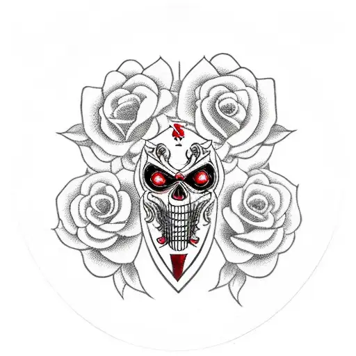 the number 4 stylized with roses and a Jhin mask from league of legends tattoo design idea