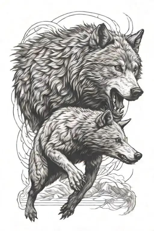 alpha wolf killing a bear tattoo design idea