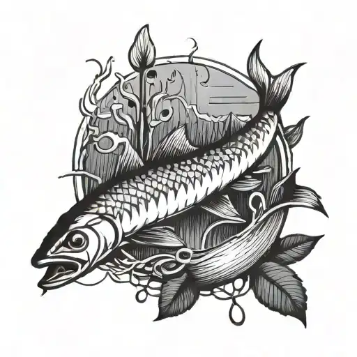 A detailed blackwork tattoo of a fishing lure being reeled in, with a subtle silhouette of a deer in the background tattoo design idea