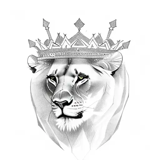 A lioness wearing a crown and Arabic words  tattoo design idea