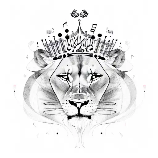 A lioness wearing a crown made of musical instruments and Arabic words flowing around it tattoo design idea