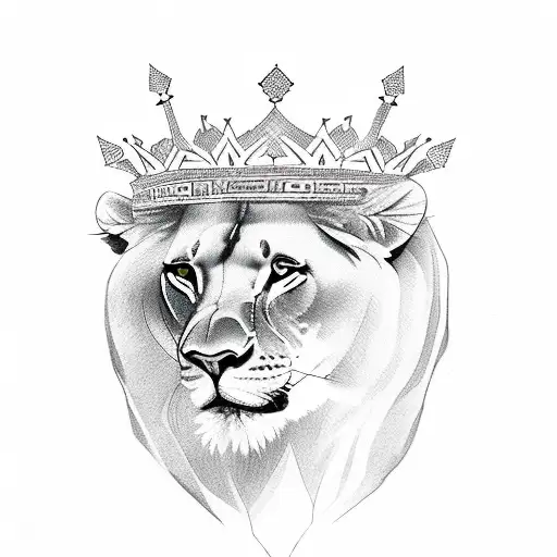 A lioness wearing a crown and Arabic words flowing around it tattoo design idea