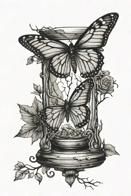 broken hour glass, monarch butterfly, dead oak branches tattoo design idea