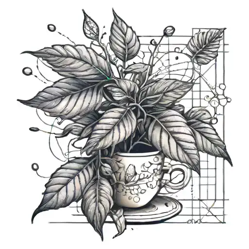 An intricate coffee plant with blueprint-like details, symbolizing the engineer's precision and attention to detail tattoo design idea