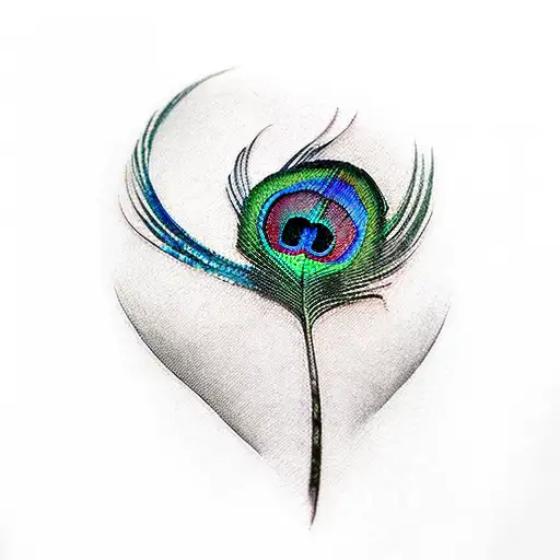 A realistic peacock feather winding up the arm with delicate shading tattoo design idea