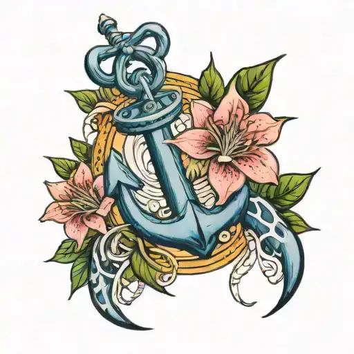 anchor with a lobster and stargazer lily flower tattoo design idea