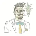 Hilarious and creative drawing of a man as a pineapple. The pineapple man has glasses and a tie. The pineapple man has a tattoo design idea