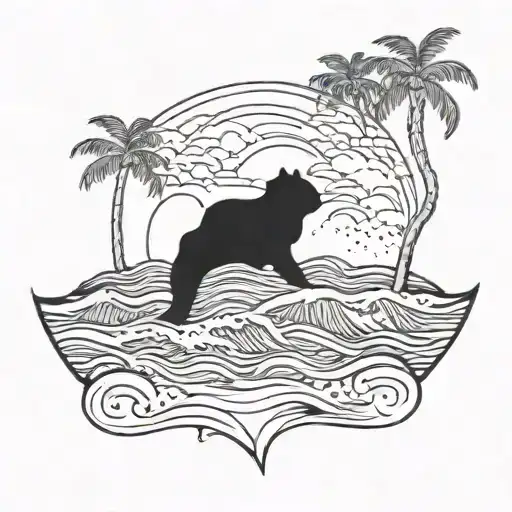 A blackwork tattoo of a beach scene with palm trees and waves crashing on the shore, featuring a hidden outline of Texas in the sand, reflecting your love for the beach and Texas tattoo design idea