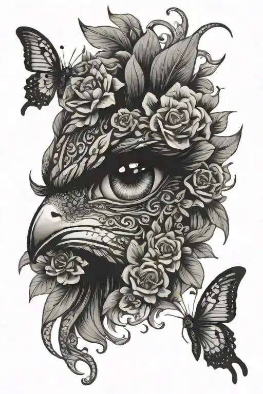lys flowers butterfly eagle and snake on women eye tattoo design idea