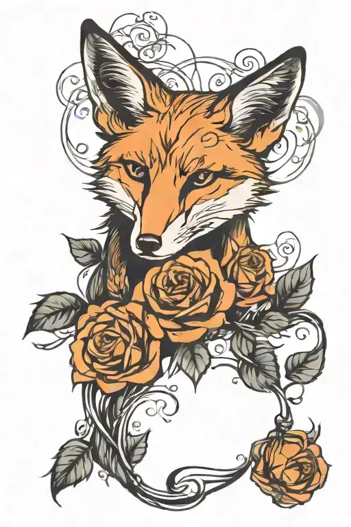 fox with roses in background black tattoo design idea