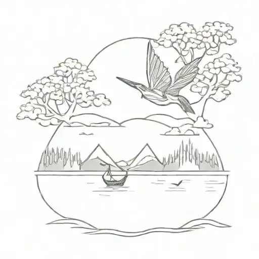 paper crane at lake scene inside tattoo design idea