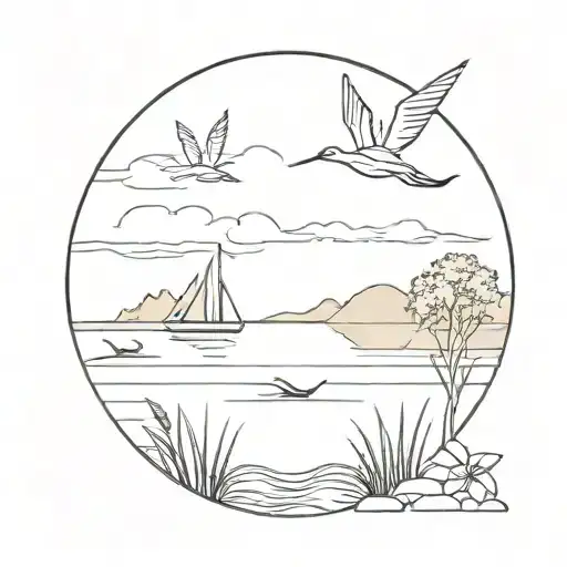 paper crane at  lake scene tattoo design idea