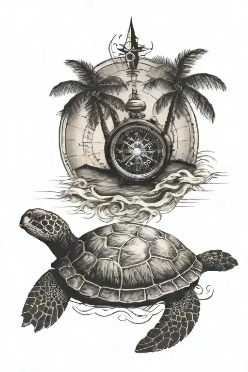 compass, palm tree with a wave breaking behind it, a turtle, a seal tattoo design idea