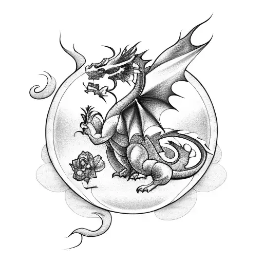 soft feminine dragon with flowers tattoo design idea