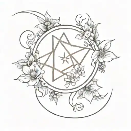 Triple moon with pentagram and flowers tattoo design idea