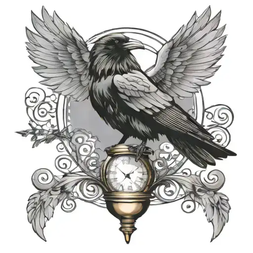 Raven with wings spread on top of an hourglass  tattoo design idea