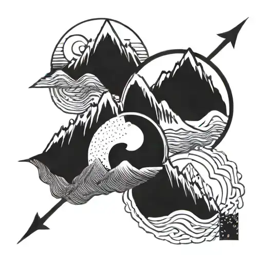A mountain, latitude longitude of mountain, yin Yang symbol, arrow design  tattoo design idea