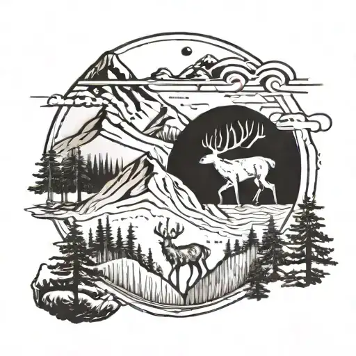 A mountain, latitude and longitude, deer, yin Yang, arrow tattoo design idea