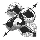 A mountain, latitude longitude of mountain, yin Yang symbol, arrow design  tattoo design idea