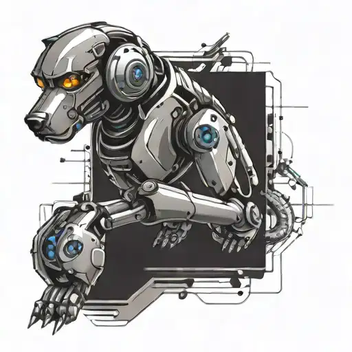 A futuristic tattoo design featuring a robotic dog playing a mobile game, reflecting the client's interests in technology and gaming tattoo design idea