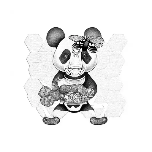 panda wearing a bee costume riding an elephant tattoo design idea