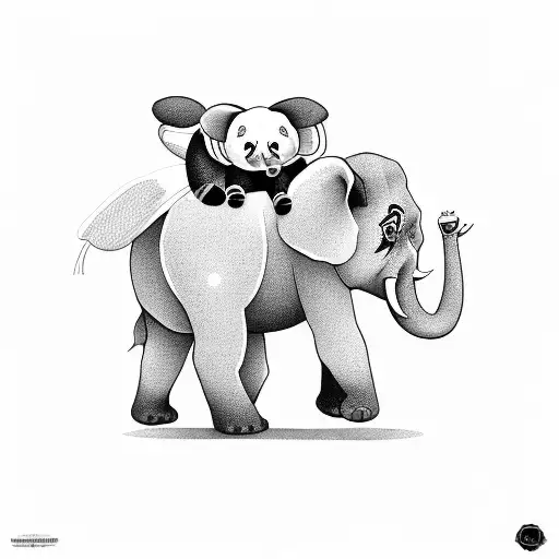 panda riding elephant with a bee flying near tattoo design idea