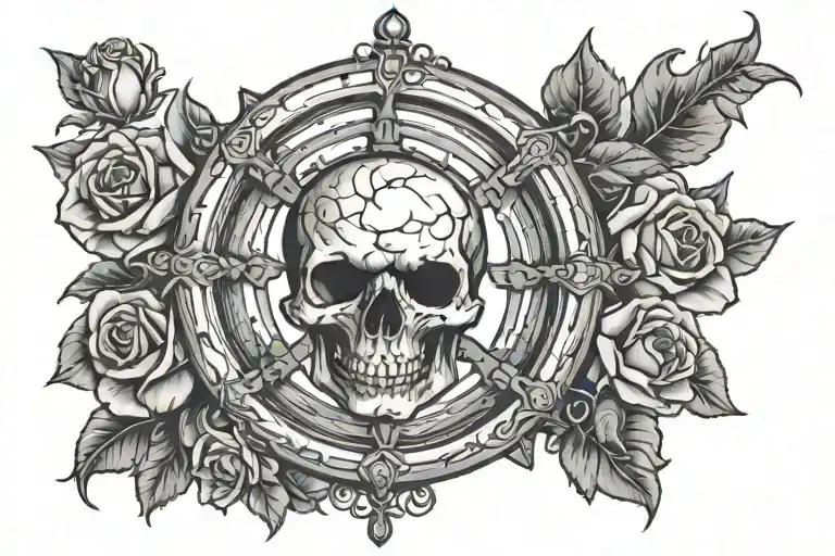skull rose ship steering wheel tattoo design idea