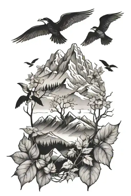 nature mountains fall leaves birds  tattoo design idea