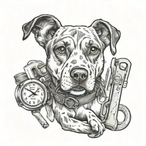 A portrait of a loyal dog with a lineman's tools in the background, showcasing the bond between the client's favorite things and occupation tattoo design idea